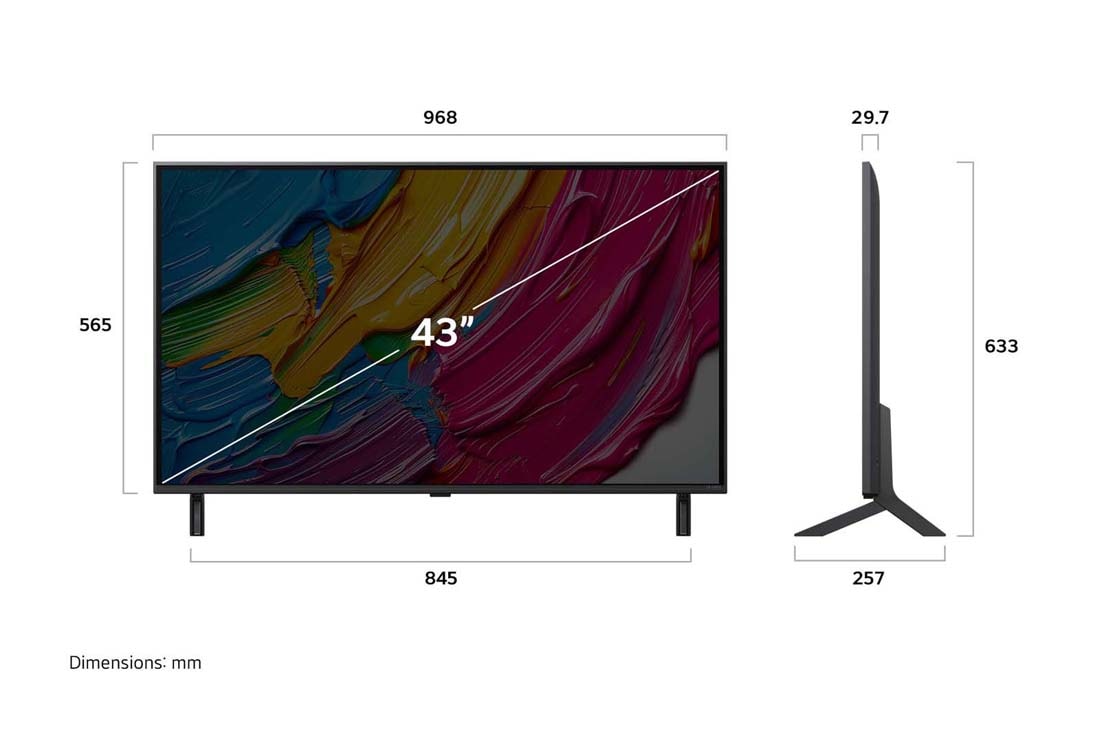 LG 43 palcový LG QNED AI QNED80 4K Smart TV 2025, Pohľad spredu a z boku na LG QNED AI QNED80 4K Smart TV, ktorý zobrazuje jeho dĺžku, šírku, výšku a hĺbku., 43QNED80A6A, thumbnail 4