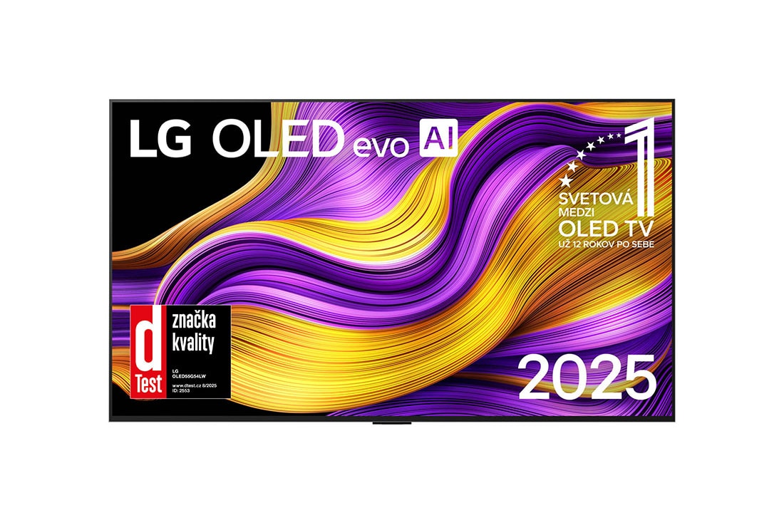 LG 55 palcový LG OLED evo AI G5 4K Smart TV 2025, Pohľad spredu na LG OLED evo AI G5 4K Smart TV. Na obrazovke sa zobrazuje emblém 12 rokov svetovej jednotky v OLED a logo LG OLED evo AI 2025., OLED55G54LW