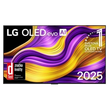 Pohľad spredu na LG OLED evo AI G5 4K Smart TV. Na obrazovke sa zobrazuje emblém 12 rokov svetovej jednotky v OLED a logo LG OLED evo AI 2025.