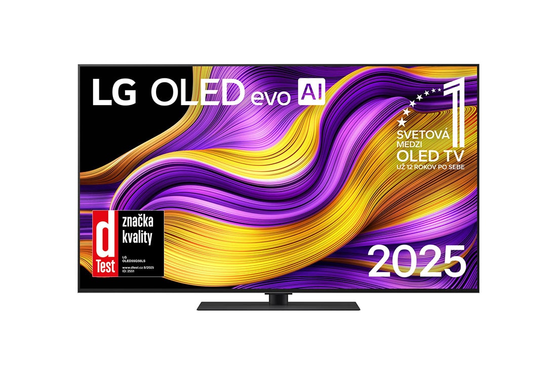 LG 55 palcový LG OLED evo AI G5 4K Smart TV 2025, Pohľad spredu na LG OLED evo AI G5 4K Smart TV. Na obrazovke sa zobrazuje emblém 12 rokov svetovej jednotky v OLED a logo LG OLED evo AI 2025., OLED55G56LS