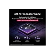 LG 55 palcový LG OLED evo AI G5 4K Smart TV 2025, Procesor alpha 11 AI Processor Gen2 je na tmavom pozadí. Žiari fialovým a modrým svetlom zvnútra a osvetľuje obvody mikročipov okolo neho. Nadpis hovorí o tom, ako procesor určený pre LG OLED evo prin, OLED55G56LS, thumbnail 5