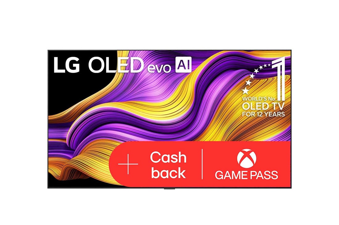 LG 65 -palcový LG OLED evo AI G5 4K Smart TV 2025, Pohľad spredu na LG OLED evo AI G5 4K Smart TV. Na obrazovke sa zobrazuje emblém 12 rokov svetovej jednotky v OLED a logo LG OLED evo AI 2025., OLED65G56LS