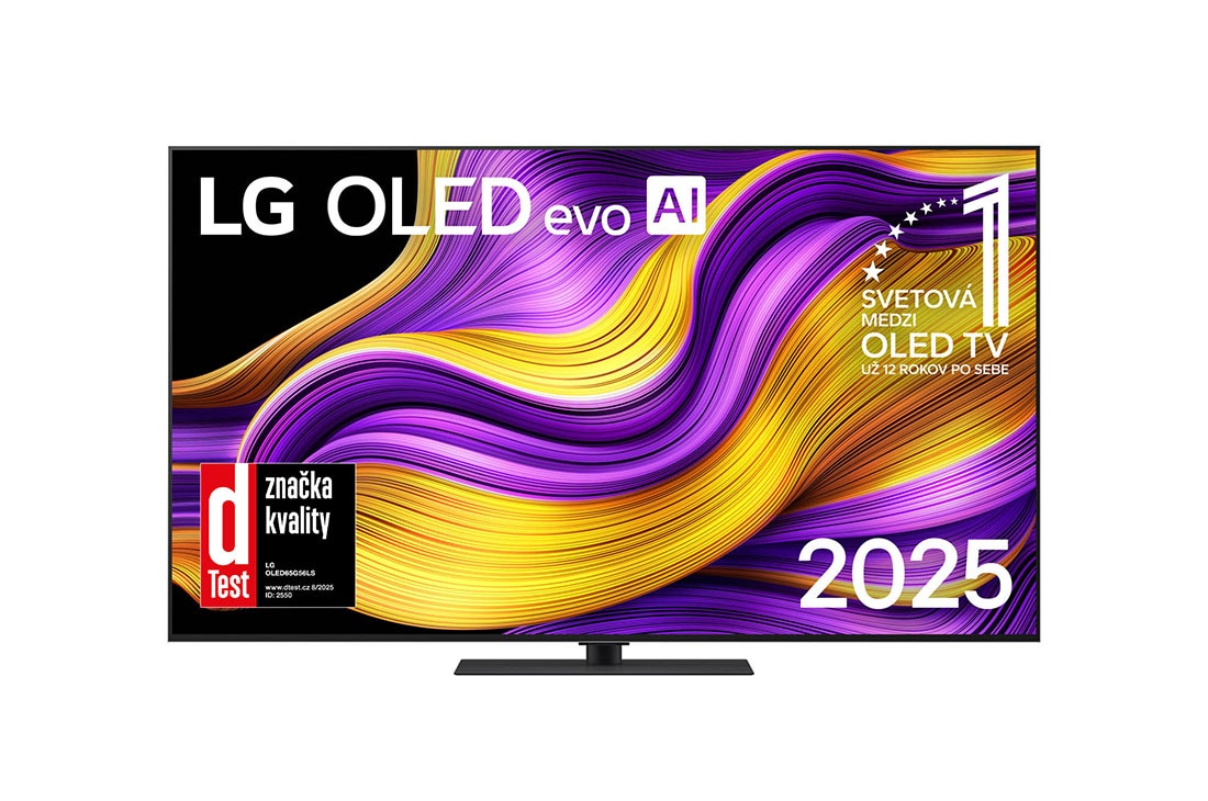 LG 65 palcový LG OLED evo AI G5 4K Smart TV 2025, Pohľad spredu na LG OLED evo AI G5 4K Smart TV. Na obrazovke sa zobrazuje emblém 12 rokov svetovej jednotky v OLED a logo LG OLED evo AI 2025., OLED65G56LS