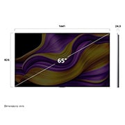 LG 65 palcový LG OLED evo AI G5 4K Smart TV 2025, Pohľad spredu a z boku na LG OLED evo AI G5 4K Smart TV zobrazujúci jeho dĺžku, šírku, výšku a hĺbku., OLED65G56LS, thumbnail 5