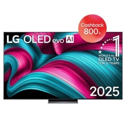 Pohľad spredu na LG OLED evo AI C5 4K Smart TV. Na obrazovke sa zobrazuje emblém 12 rokov svetovej jednotky v OLED a logo LG OLED evo AI 2025.2
