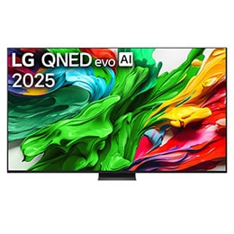 Pohľad spredu na LG QNED evo QNED92 TV, logo LG QNED evo AI v hornom rohu. Na televízore LG QNED evo QNED92 TV sa zobrazujú farebné textúry pripomínajúce maľbu, ktoré sa spájajú.2