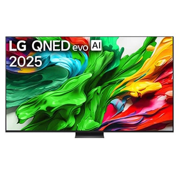 Pohľad spredu na LG QNED evo QNED92 TV, logo LG QNED evo AI v hornom rohu. Na televízore LG QNED evo QNED92 TV sa zobrazujú farebné textúry pripomínajúce maľbu, ktoré sa spájajú.1