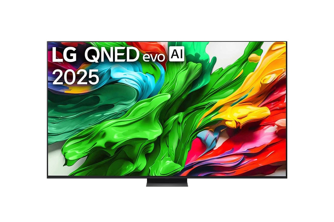 LG 100 -palcový LG QNED evo AI QNED85 4K Smart TV 2025, Pohľad spredu na LG QNED evo QNED92 TV, logo LG QNED evo AI v hornom rohu. Na televízore LG QNED evo QNED92 TV sa zobrazujú farebné textúry pripomínajúce maľbu, ktoré sa spájajú., 100QNED86A6