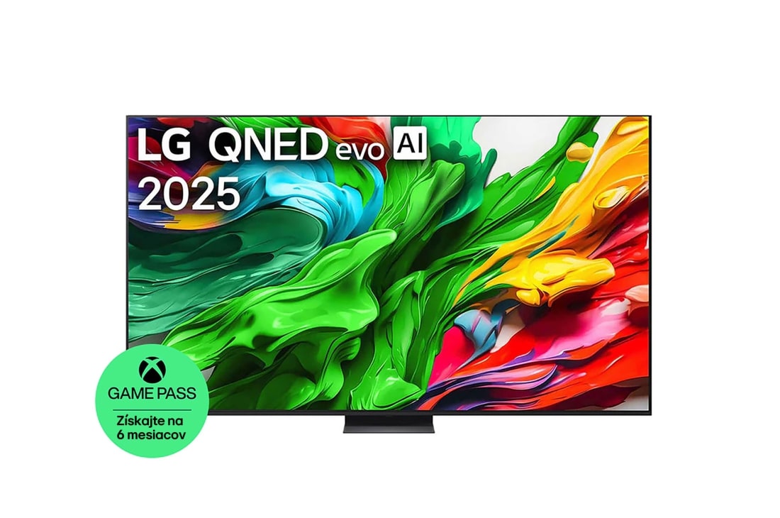 LG 100 -palcový LG QNED evo AI QNED85 4K Smart TV 2025, Pohľad spredu na LG QNED evo QNED92 TV, logo LG QNED evo AI v hornom rohu. Na televízore LG QNED evo QNED92 TV sa zobrazujú farebné textúry pripomínajúce maľbu, ktoré sa spájajú., 100QNED86A6