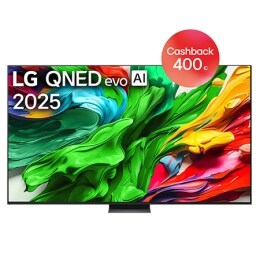 Pohľad spredu na LG QNED evo QNED92 TV, logo LG QNED evo AI v hornom rohu. Na televízore LG QNED evo QNED92 TV sa zobrazujú farebné textúry pripomínajúce maľbu, ktoré sa spájajú.2