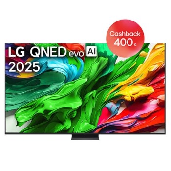 Pohľad spredu na LG QNED evo QNED92 TV, logo LG QNED evo AI v hornom rohu. Na televízore LG QNED evo QNED92 TV sa zobrazujú farebné textúry pripomínajúce maľbu, ktoré sa spájajú.1