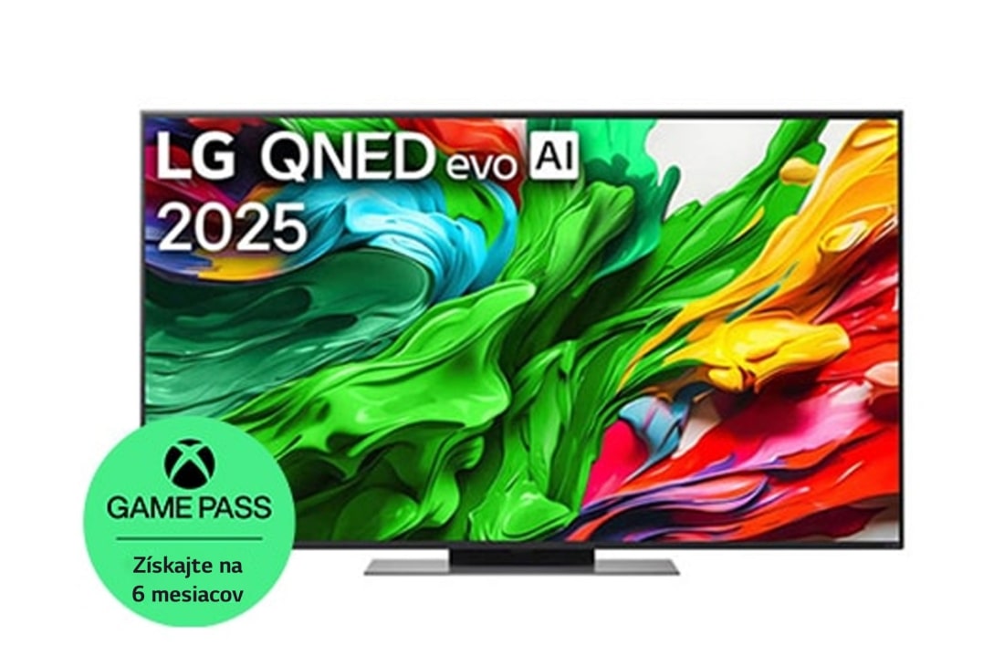 LG 50 -palcový LG QNED evo AI QNED86 4K Smart TV 2025, Pohľad spredu na LG QNED evo QNED92 TV, logo LG QNED evo AI v hornom rohu. Na televízore LG QNED evo QNED92 TV sa zobrazujú farebné textúry pripomínajúce maľbu, ktoré sa spájajú., 50QNED86A6C