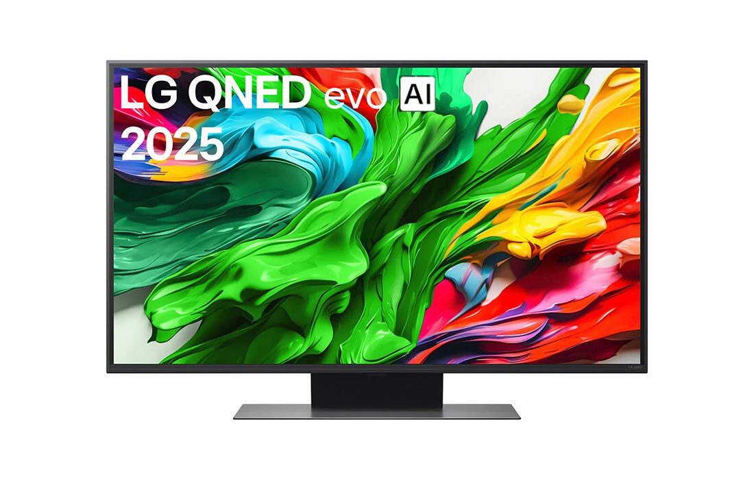 LG 43 -palcový LG QNED evo AI QNED86 4K Smart TV 2025, Pohľad spredu na LG QNED evo QNED92 TV, logo LG QNED evo AI v hornom rohu. Na televízore LG QNED evo QNED92 TV sa zobrazujú farebné textúry pripomínajúce maľbu, ktoré sa spájajú., 43QNED86A6C