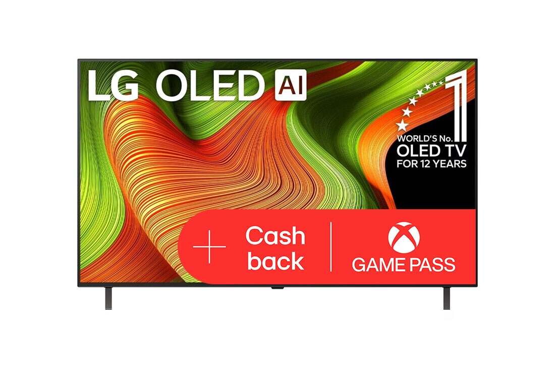 LG 55-palcový televízor LG OLED AI B5 4K Smart TV 2025, Pohľad spredu na LG OLED AI B5 4K Smart TV. Na obrazovke je znak 12 rokov svetová jednotka v OLED a logo LG OLED AI 2025., OLED55B56LA