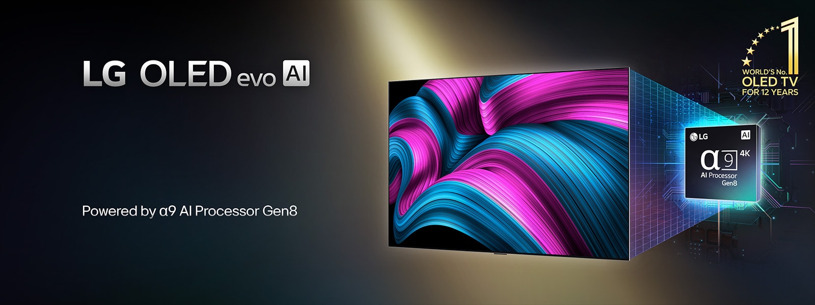 Na obrazovke televízora LG OLED evo AI sa zobrazuje abstraktný obraz s pôsobivými detailmi, farbami a kontrastom. Za televízorom sa zobrazuje zväčšená verzia procesora alpha 9 AI Processor Gen8. Procesor žiari svetlom osvetľujúcim obvody mikročipov okolo neho. Nadpis znie LG OLED evo AI. Viditeľný je aj text „poháňané procesorom LG alpha 9 AI processor Gen8“. V rohu je zlaté logo s hviezdičkami s textom „svetová jednotka v OLED TV už 12 rokov“. 
