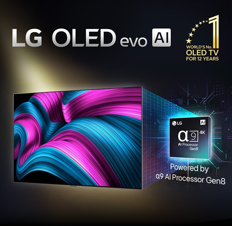 Na obrazovke televízora LG OLED evo AI sa zobrazuje abstraktný obraz s pôsobivými detailmi, farbami a kontrastom. Za televízorom sa zobrazuje zväčšená verzia procesora alpha 9 AI Processor Gen8. Procesor žiari svetlom osvetľujúcim obvody mikročipov okolo neho. Nadpis znie LG OLED evo AI. Viditeľný je aj text „poháňané procesorom LG alpha 9 AI processor Gen8“. V rohu je zlaté logo s hviezdičkami s textom „svetová jednotka v OLED TV už 12 rokov“. 