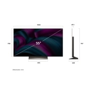 LG 55 palcový televízor LG OLED evo AI C5 4K Smart TV 2025, Pohľad spredu a z boku na LG OLED evo AI C5 4K Smart TV, kde sa zobrazuje jeho dĺžka, šírka, výška a hĺbka., OLED55C5ELB, thumbnail 5