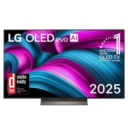 Pohľad spredu na LG OLED evo AI C5 4K Smart TV. Na obrazovke sa zobrazuje emblém 12 rokov svetovej jednotky v OLED a logo LG OLED evo AI 2025.2