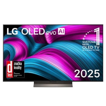 Pohľad spredu na LG OLED evo AI C5 4K Smart TV. Na obrazovke sa zobrazuje emblém 12 rokov svetovej jednotky v OLED a logo LG OLED evo AI 2025.1