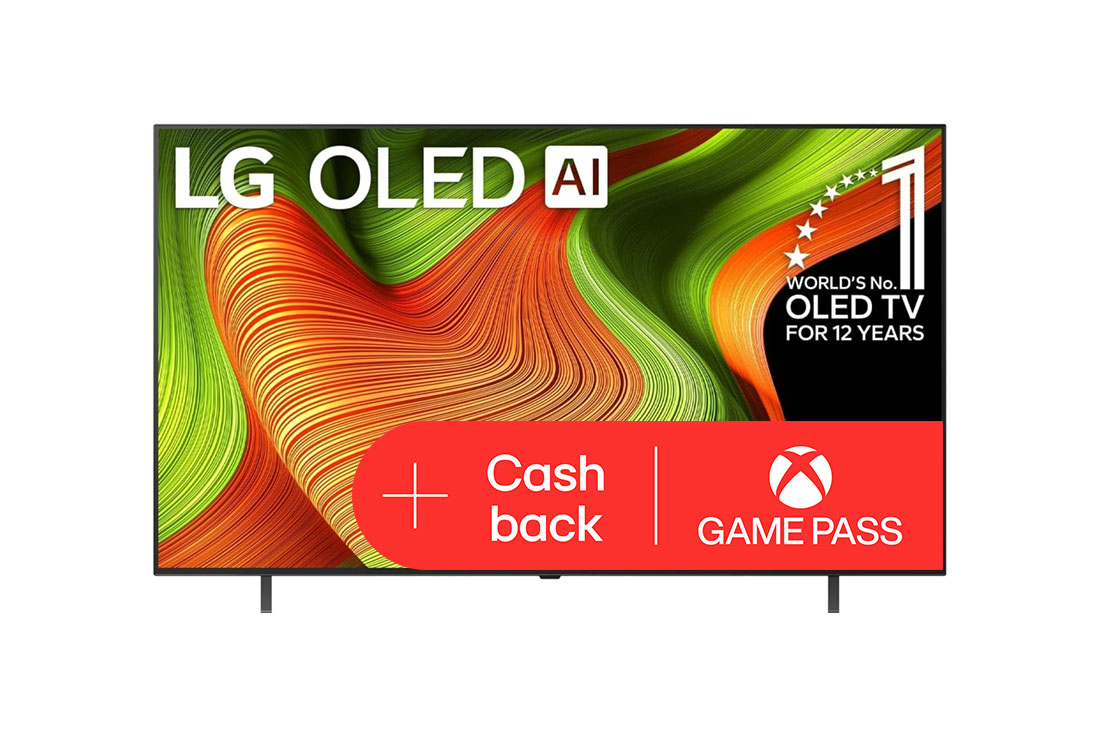 LG 65-palcový televízor LG OLED AI B5 4K Smart TV 2025, Pohľad spredu na LG OLED AI B5 4K Smart TV. Na obrazovke je znak 12 rokov svetová jednotka v OLED a logo LG OLED AI 2025., OLED65B56LA