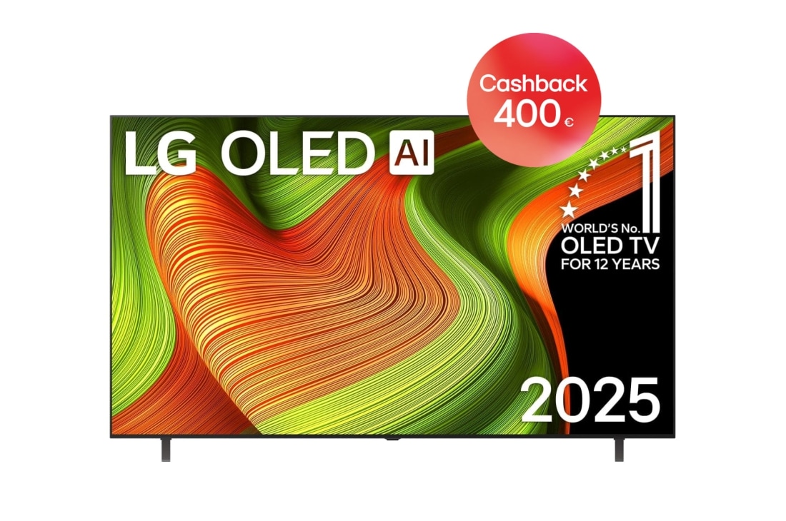 LG 77 palcový televízor LG OLED AI B5 4K Smart TV 2025, Pohľad spredu na LG OLED AI B5 4K Smart TV. Na obrazovke je znak 12 rokov svetová jednotka v OLED a logo LG OLED AI 2025., OLED77B56LA