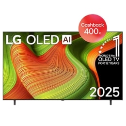 Pohľad spredu na LG OLED AI B5 4K Smart TV. Na obrazovke je znak 12 rokov svetová jednotka v OLED a logo LG OLED AI 2025.2