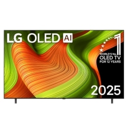 Pohľad spredu na LG OLED AI B5 4K Smart TV. Na obrazovke je znak 12 rokov svetová jednotka v OLED a logo LG OLED AI 2025.2