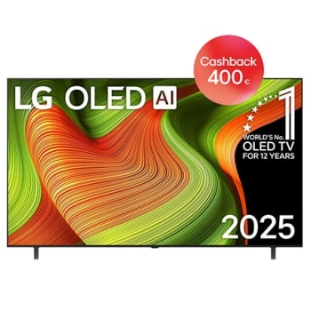 Pohľad spredu na LG OLED AI B5 4K Smart TV. Na obrazovke je znak 12 rokov svetová jednotka v OLED a logo LG OLED AI 2025.1