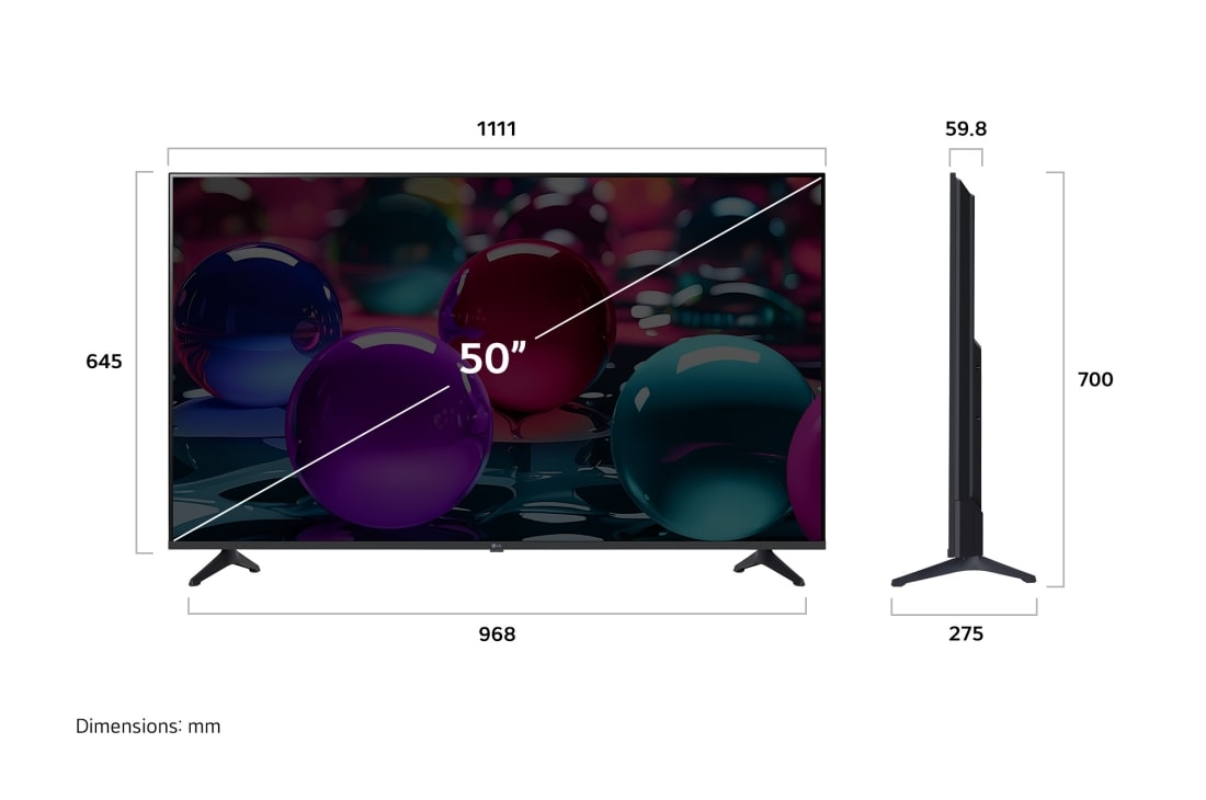 LG 50 palcový LG UHD AI UA73 4K Smart TV 2025, Pohľad spredu a z boku na LG UHD AI UA73 4K Smart TV so zobrazením dĺžky, šírky, výšky a hĺbky televízora., 50UA73006LA, thumbnail 4