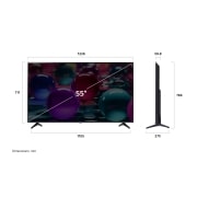 LG 55 palcový LG UHD AI UA73 4K Smart TV 2025, Pohľad spredu a z boku na LG UHD AI UA73 4K Smart TV so zobrazením dĺžky, šírky, výšky a hĺbky televízora., 55UA73006LA, thumbnail 4