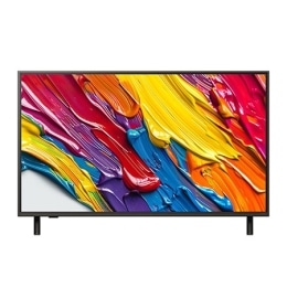 Vue avant de la LG QNED84 TV, logo LG QNED Al, dans le coin supérieur. La LG QNED TV représente des textures colorées semblables à de la peinture, réunies.2