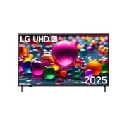LG 43 palcový LG UHD AI UA75 4K Smart TV 2025, Pohľad spredu na UHD UA75 TV, logo LG UHD AI v hornom rohu. Na televízore LG UHD TV sa zobrazujú farebné textúry pripomínajúce maľbu, ktoré sa spájajú., 43UA75006LA, thumbnail 1