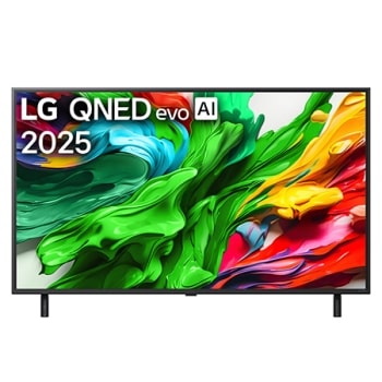 Pohľad spredu na LG QNED evo QNED92 TV, logo LG QNED evo AI v hornom rohu. Na televízore LG QNED evo QNED92 TV sa zobrazujú farebné textúry pripomínajúce maľbu, ktoré sa spájajú.1