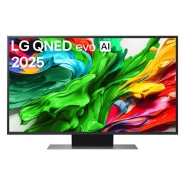 Pohľad spredu na LG QNED evo QNED92 TV, logo LG QNED evo AI v hornom rohu. Na televízore LG QNED evo QNED92 TV sa zobrazujú farebné textúry pripomínajúce maľbu, ktoré sa spájajú.2