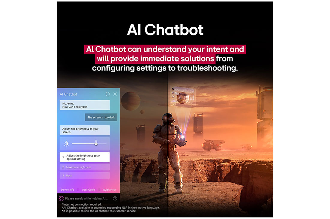 LG 55&nbsp;palcový LG QNED evo AI QNED87 MiniLED 4K Smart TV 2025, Na obrazovke televízora LG QNED TV sa prehráva sci-fi obsah. Na obrazovke sa zobrazuje rozhranie AI Chatbot. Používateľ poslal správu chatbotu o tom, že obrazovka je príliš tmavá. Chatbot ponúkol rieš, 55QNED87A6B, thumbnail 12