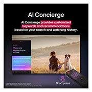 LG 55&nbsp;palcový LG QNED evo AI QNED87 MiniLED 4K Smart TV 2025, LG AI Magic Remote pred obrazovkou LG TV. Na obrazovke je prispôsobený pozdrav od LG AI s vlastnými kľúčovými slovami na základe histórie hľadania a pozerania používateľa. Vedľa diaľkového ovládača je, 55QNED87A6B, thumbnail 11