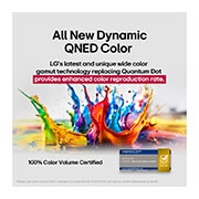 LG 55&nbsp;palcový LG QNED evo AI QNED87 MiniLED 4K Smart TV 2025, Zo zeme vystreľujú farebné gejzíry rôznych farieb. Certifikácia Intertek pre 100 % farebný rozsah do DCI-P3. Nadpis informuje o novej a jedinečnej technológii širokého farebného rozsahu od spoločnosti, 55QNED87A6B, thumbnail 5