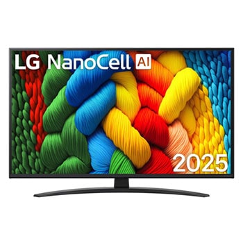 NanoCell TV sett forfra, LG NanoCell AI-logo øverst i hjørnet. LG NanoCell NANO80-TV-en viser fargerike, malerilignende teksturer som smelter sammen.1