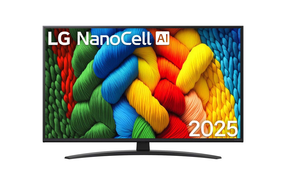 LG 43 -palcový televízor LG NanoCell AI NANO81 4K Smart TV 2025, Pohľad spredu na NanoCell TV, logo LG NanoCell AI v hornom rohu. Na televízore LG NanoCell NANO80 TV sa spájajú farebné textúry pripomínajúce maľbu., 43NANO81A6A