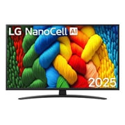 LG 43 palcový televízor LG NanoCell AI NANO81 4K Smart TV 2025, Pohľad spredu na NanoCell TV, logo LG NanoCell AI v hornom rohu. Na televízore LG NanoCell NANO80 TV sa spájajú farebné textúry pripomínajúce maľbu., 43NANO81A6A, thumbnail 1