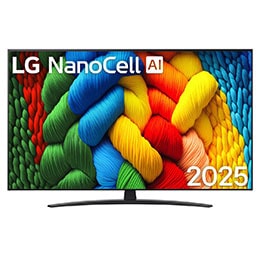 NanoCell TV sett forfra, LG NanoCell AI-logo øverst i hjørnet. LG NanoCell NANO80-TV-en viser fargerike, malerilignende teksturer som smelter sammen.2