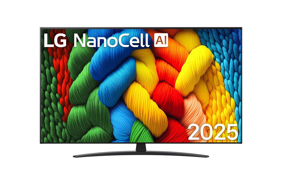 LG 50 -palcový televízor LG NanoCell AI NANO81 4K Smart TV 2025, Pohľad spredu na NanoCell TV, logo LG NanoCell AI v hornom rohu. Na televízore LG NanoCell NANO80 TV sa spájajú farebné textúry pripomínajúce maľbu., 50NANO81A6A
