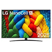 LG 50 palcový televízor LG NanoCell AI NANO81 4K Smart TV 2025, Pohľad spredu na NanoCell TV, logo LG NanoCell AI v hornom rohu. Na televízore LG NanoCell NANO80 TV sa spájajú farebné textúry pripomínajúce maľbu., 50NANO81A6A, thumbnail 1