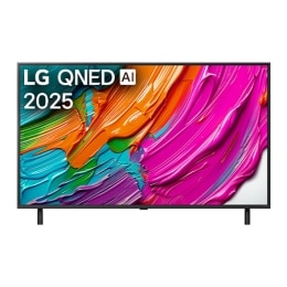 Pohľad spredu na televízor LG QNED80 TV, logo LG QNED AI v hornom rohu. Na televízore LG QNED TV sa zobrazujú farebné textúry pripomínajúce maľbu, ktoré sa spájajú.2