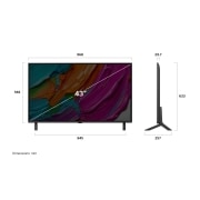 LG 43 -palcový LG QNED AI QNED80 4K Smart TV 2025, Pohľad spredu a z boku na LG QNED AI QNED80 4K Smart TV, ktorý zobrazuje jeho dĺžku, šírku, výšku a hĺbku., 43QNED8EA6B, thumbnail 5