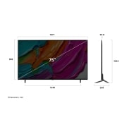 LG 75 -palcový LG QNED AI QNED80 4K Smart TV 2025, Pohľad spredu a z boku na LG QNED AI QNED80 4K Smart TV, ktorý zobrazuje jeho dĺžku, šírku, výšku a hĺbku., 75QNED8EA6B, thumbnail 5