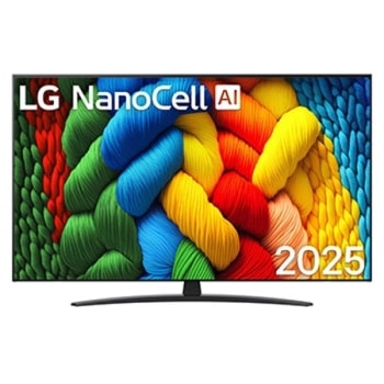 NanoCell TV sett forfra, LG NanoCell AI-logo øverst i hjørnet. LG NanoCell NANO80-TV-en viser fargerike, malerilignende teksturer som smelter sammen.