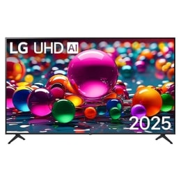 Pohľad spredu na UHD UA75 TV, logo LG UHD AI v hornom rohu. Na televízore LG UHD TV sa zobrazujú farebné textúry pripomínajúce maľbu, ktoré sa spájajú.2
