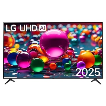 Pohľad spredu na UHD UA75 TV, logo LG UHD AI v hornom rohu. Na televízore LG UHD TV sa zobrazujú farebné textúry pripomínajúce maľbu, ktoré sa spájajú.1