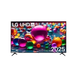 Pohľad spredu na UHD UA75 TV, logo LG UHD AI v hornom rohu. Na televízore LG UHD TV sa zobrazujú farebné textúry pripomínajúce maľbu, ktoré sa spájajú.2
